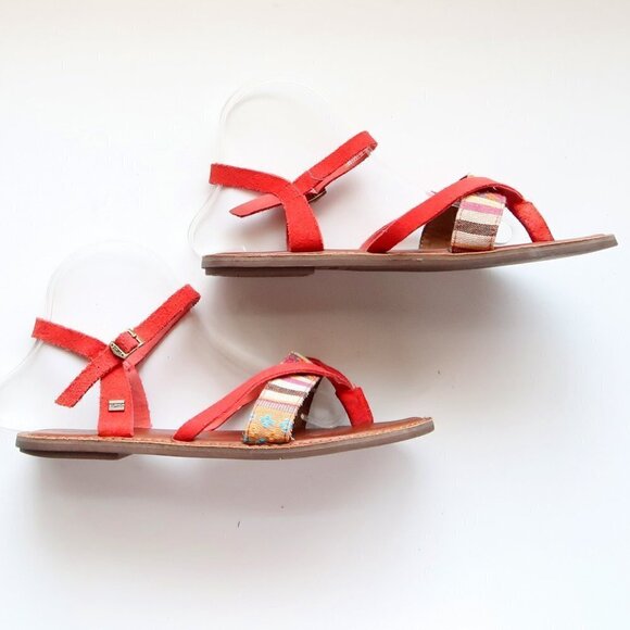 Toms Lexie Red Suede Leather & Canvas Strappy Slingback Thong Flat Sandals 8.5 W - Picture 10 of 16